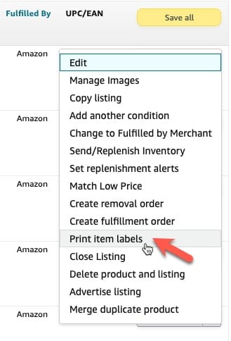 Step 3 of how to download Amazon FBA item labels - click on Print item labels